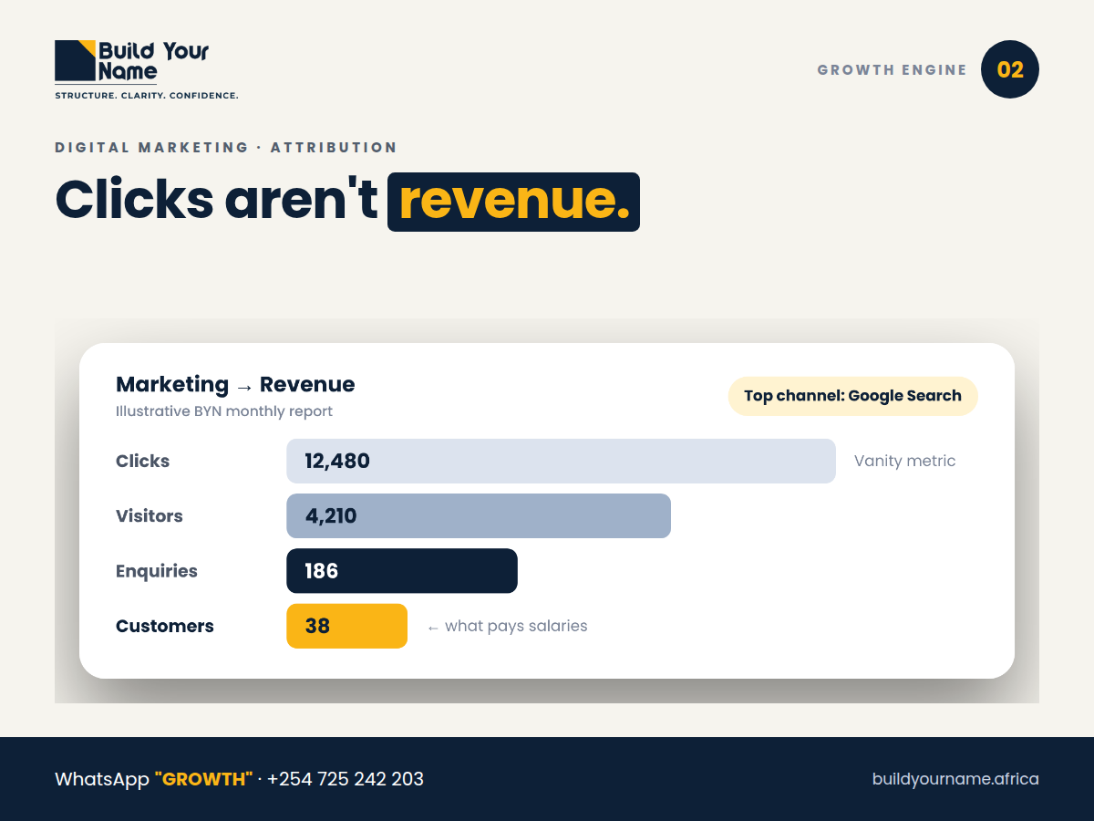BYN digital marketing attribution: clicks aren't revenue, tracking leads from first click to paying customer (carousel)