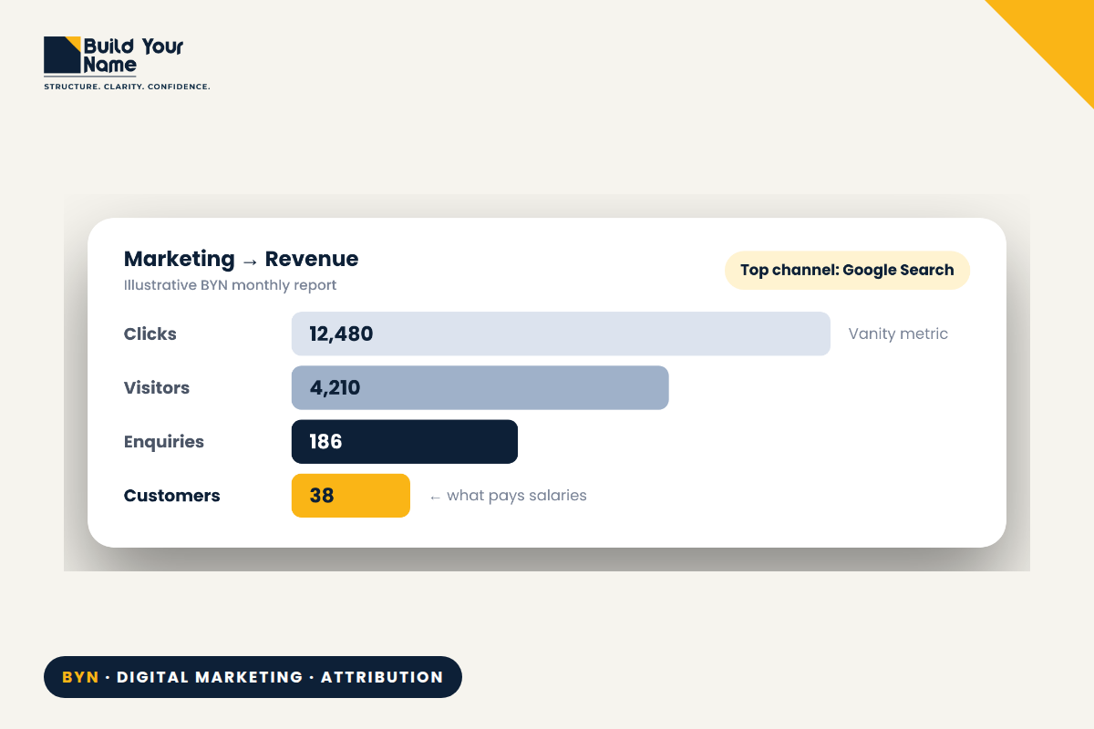 BYN digital marketing attribution: clicks aren't revenue, tracking leads from first click to paying customer (section)